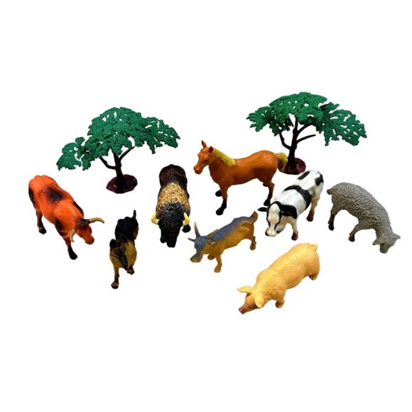 Plastic Down on the Farm Animals - Hard Plastic - Lot of 8 + 2 Trees - Picture 3 of 7